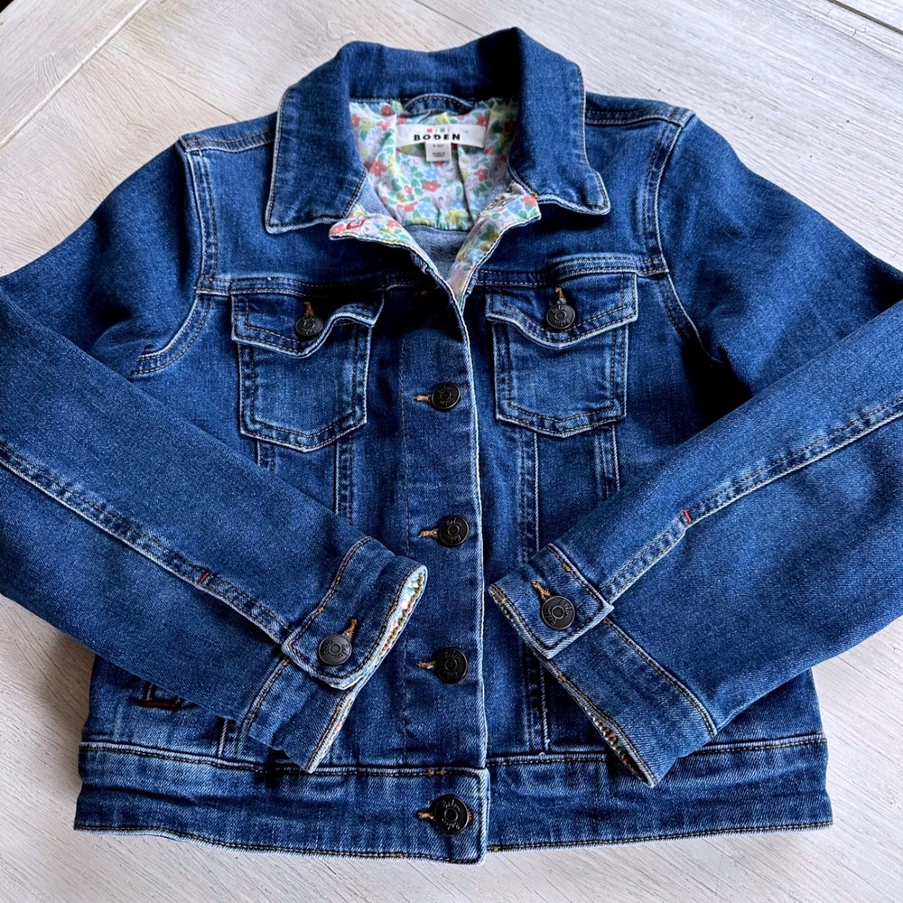 Boden Mini Denim Jacket Girls Floral Lined Size 9-10Y 9 10 Spring Summer